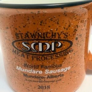 Stawnichy's Mundare Sausage Orange Speckled Ceramic Mugs, White Campfire mug
